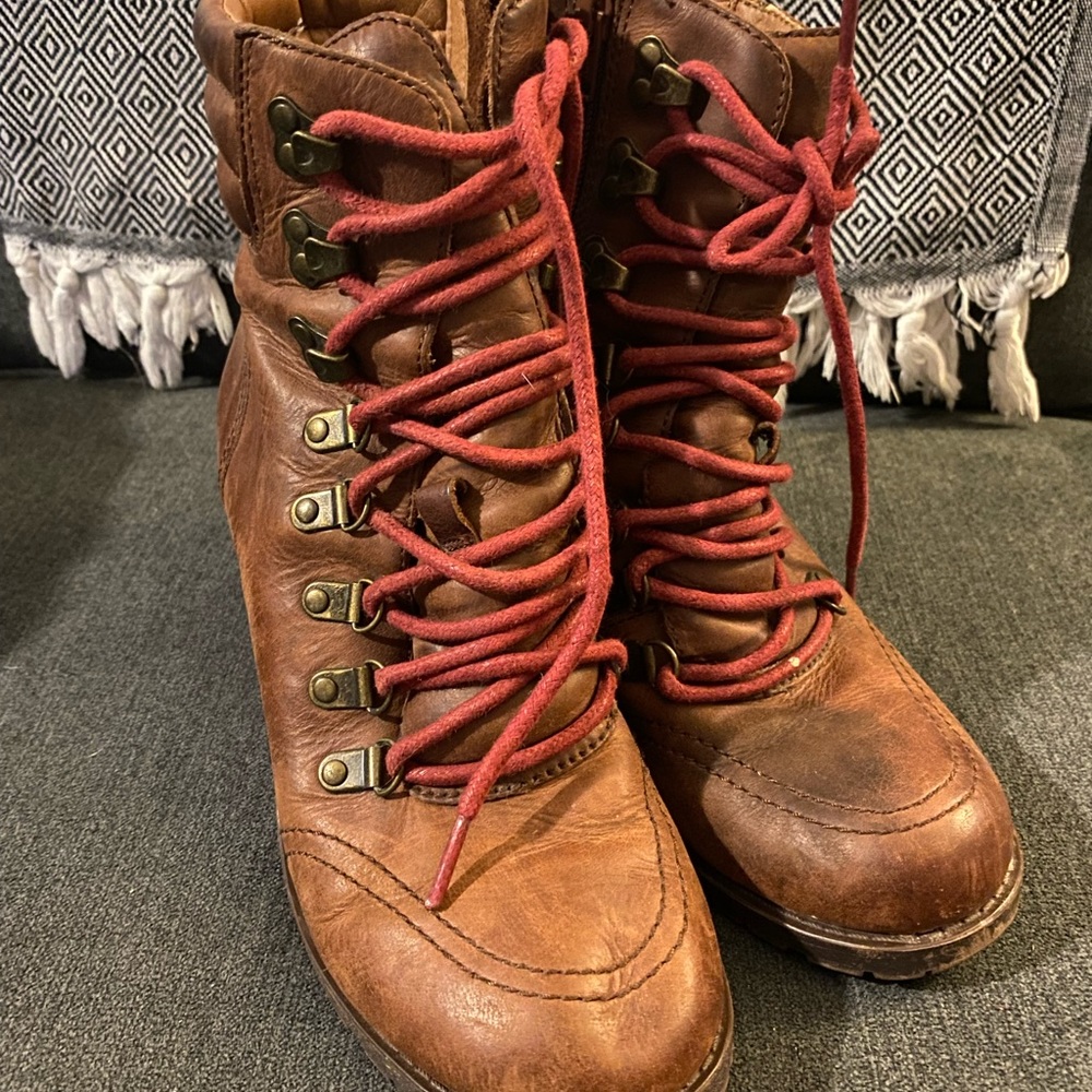 Lucky Brand Brown Leather Combat Boots with Red Laces